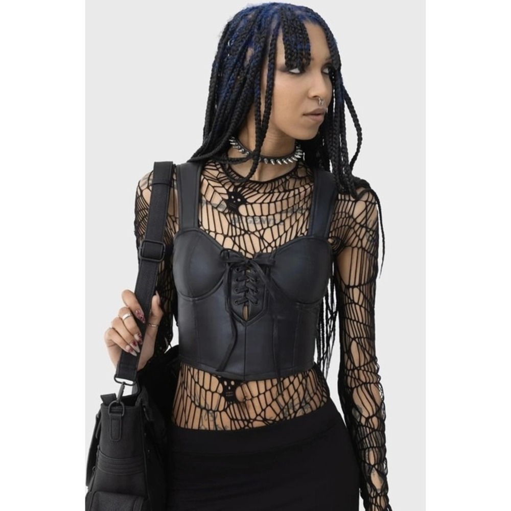 Killstar Moonless Corset Top Black Faux Leather Lace Up Gothic Extra Large